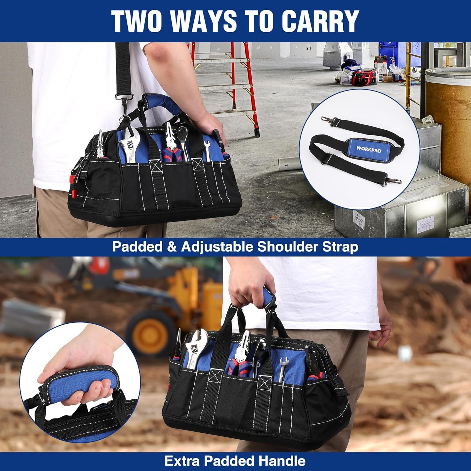 WORKPRO 16-inch Wide Mouth Tool Storage Bag w/Water Proof Molded Base 22 Pockets
