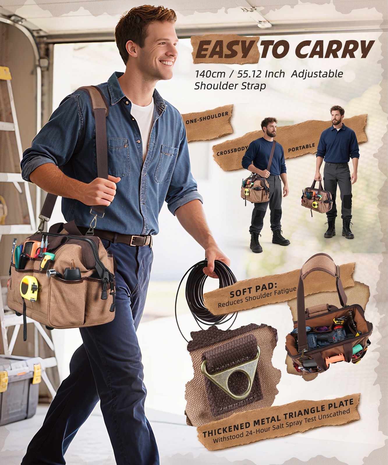 ARCFOX Washed Canvas Electrician Tool Bag 21 Pockets Wide Mouth Tool Organizer