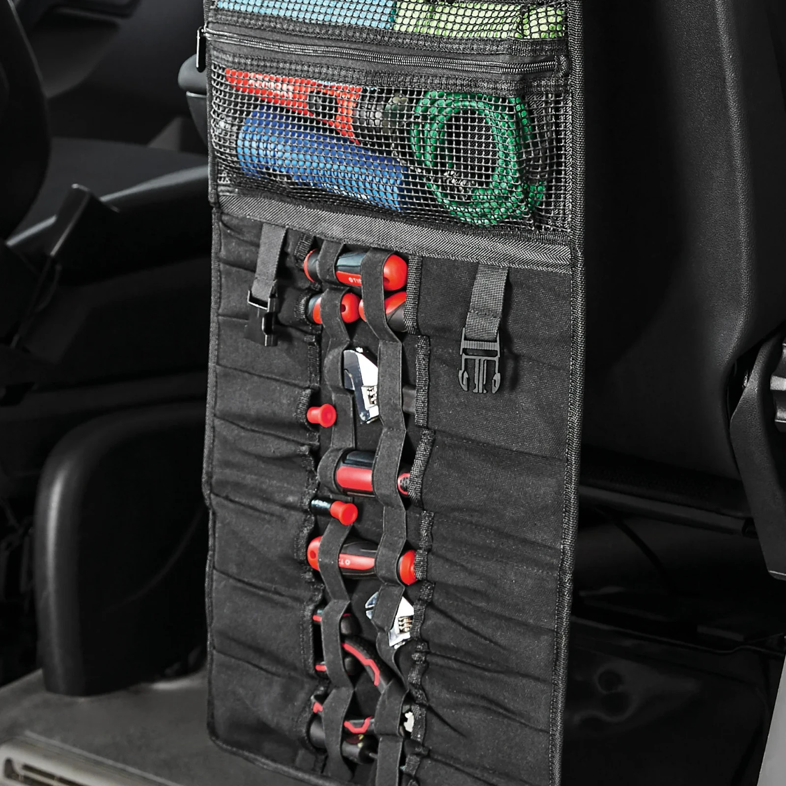 Backseat Roll Up Tool Organizer with 27 Pockets and Detatchable Pouch