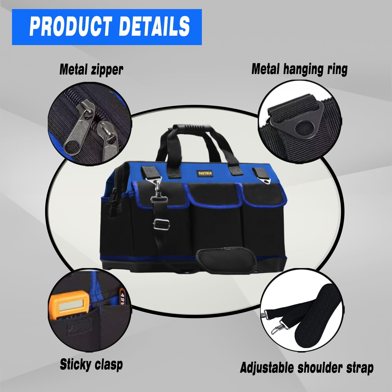 FASTECH 22 Inch Bottom Tools Bag With Wide Mouth For Tool 22INCH, blue