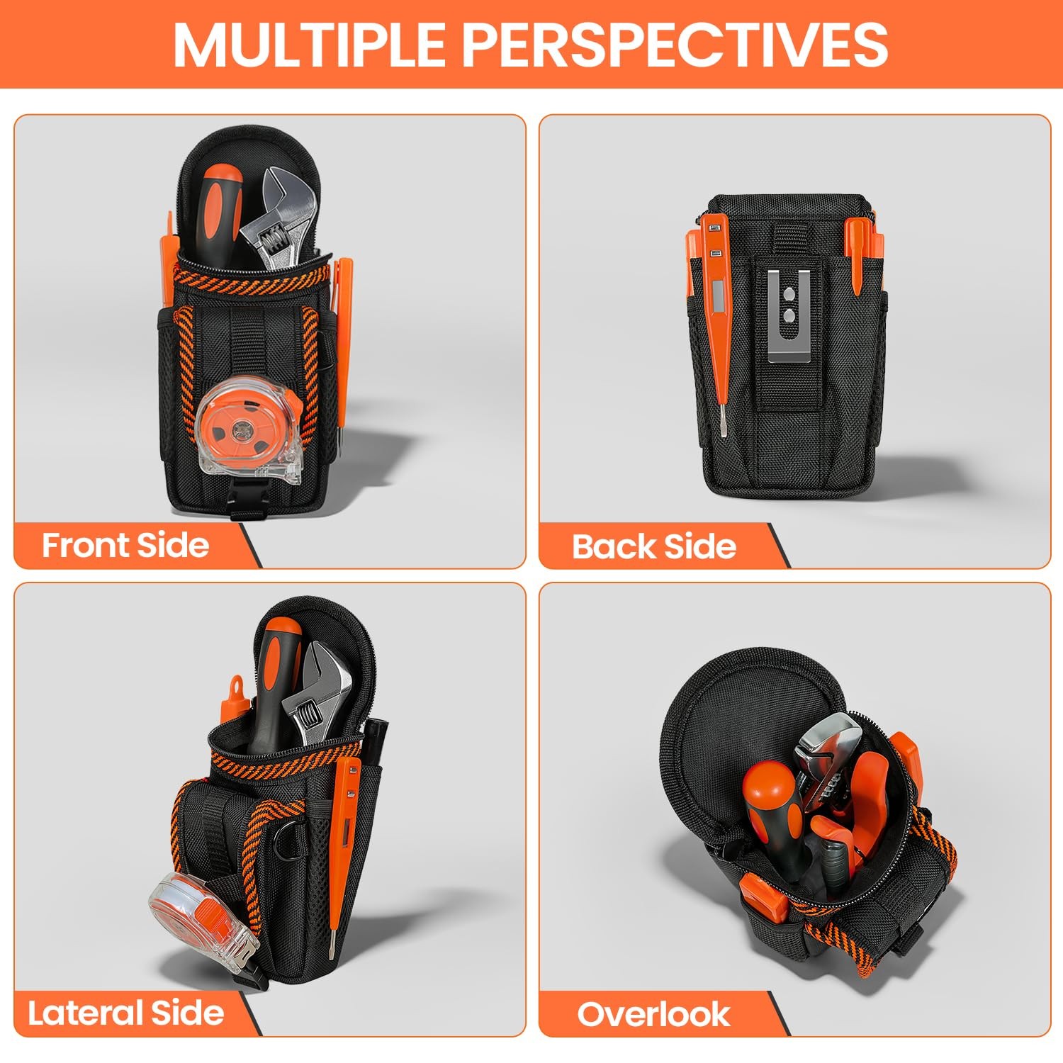 Black Orange Heavy Duty Utility Tool Belt Pouch with Mesh Pocket Holder