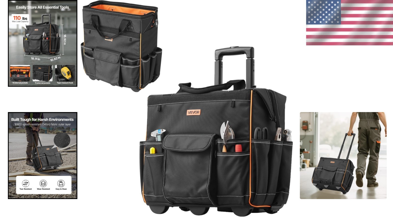 Water Resistant Tool Bag 18 Inch with Adjustable Handle and 110 Load Capacity