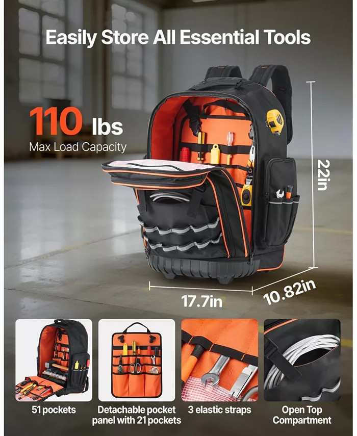 Heavy-Duty Rolling Tool Backpack with 72 Pockets and Telescoping Handle