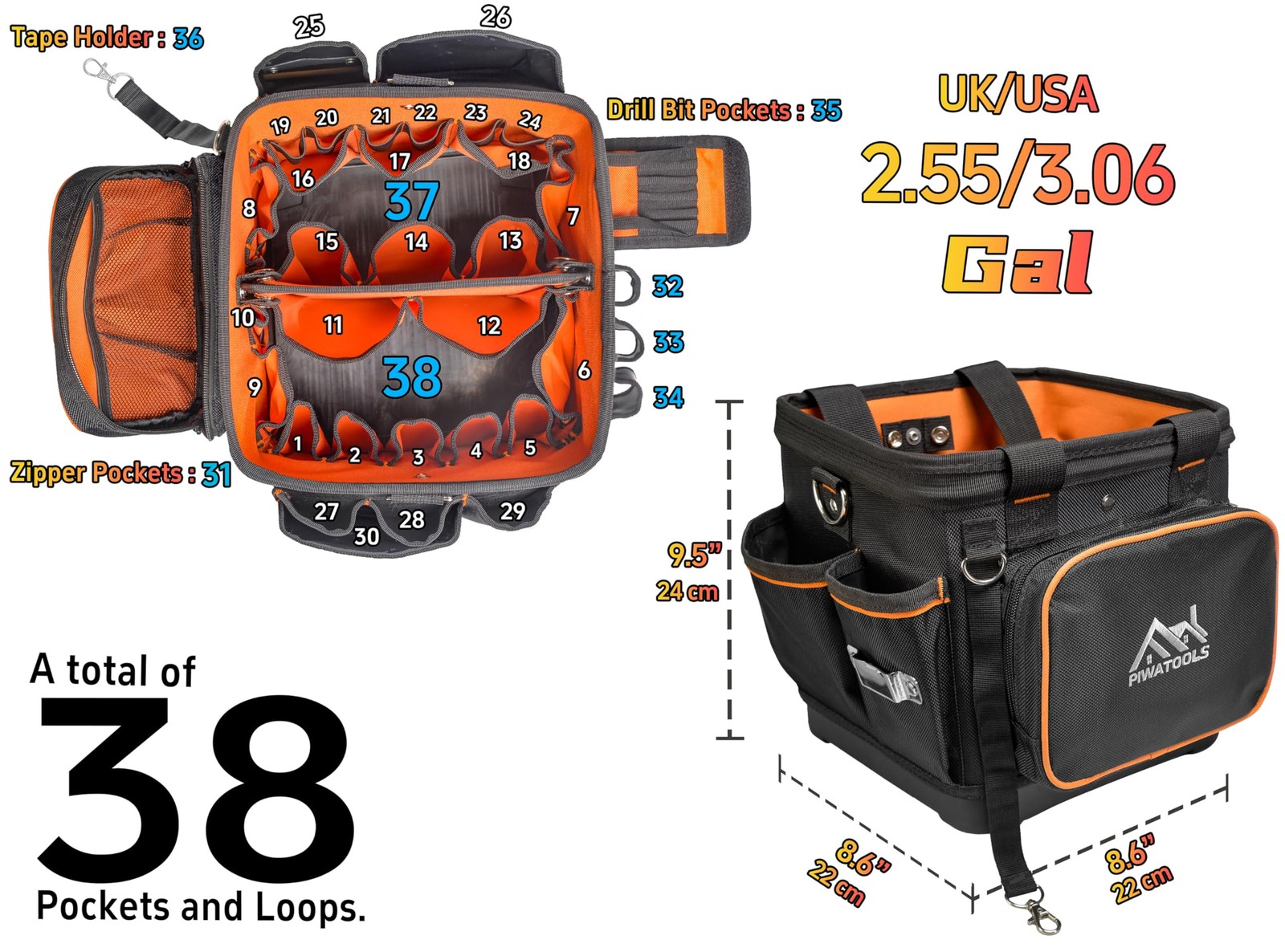 Piwatools 10-Inch Pro Compact Hard-Body Electrician Tool Bag Removable Divider