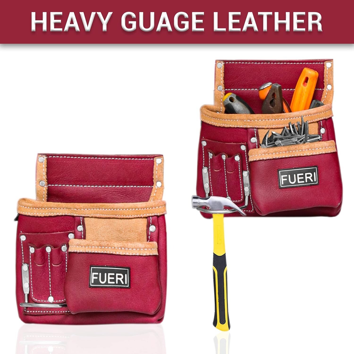 Leather Tool Belt Pouch Heavy Duty 11 Pockets Carpenter Electrician Framer Bag
