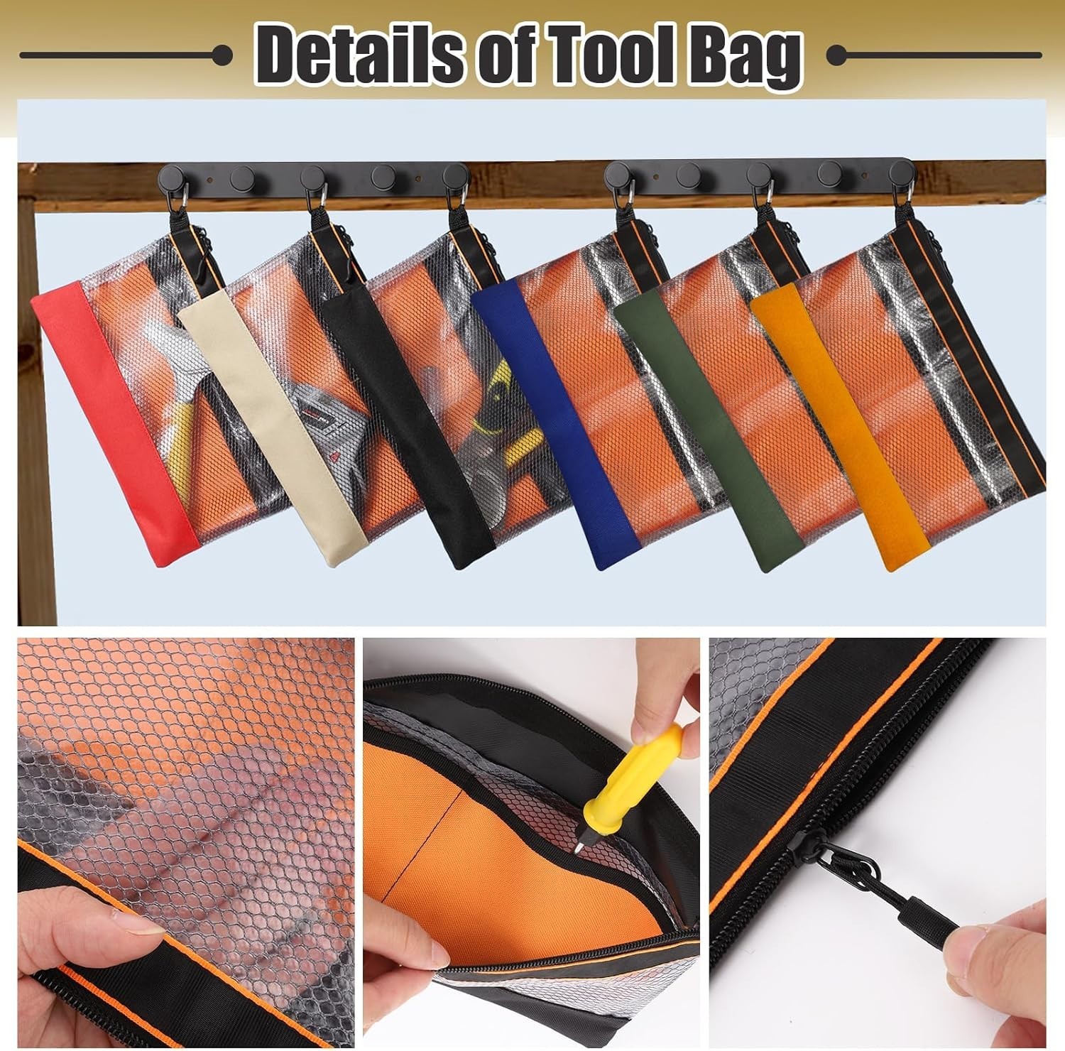 Clear Tool Pouch Bags Set of 6 Multicolor Heavy Duty Zipper Closure 11.8 Inches