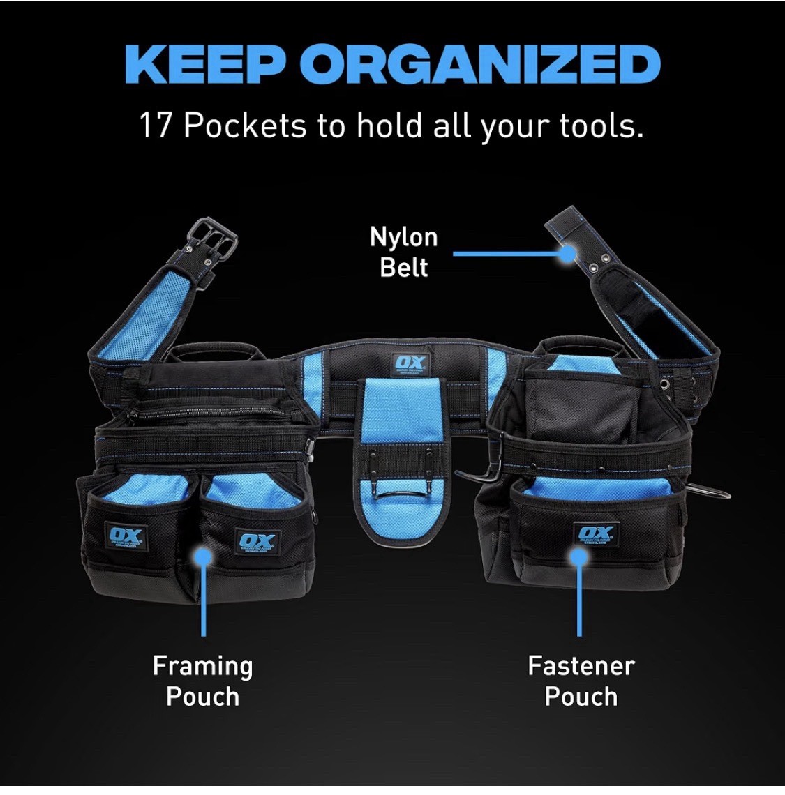 OX tools Construction Tool Belt – 17-Pocket 1680D Nylon Tool Belt Padded NEW