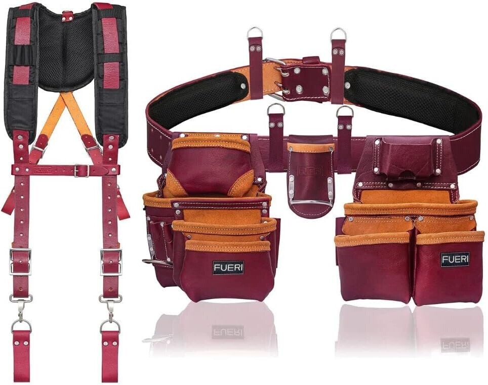 Leather Tool Belt with Suspenders carpenter 19 Pocket Padded Tool Pouch Work bag