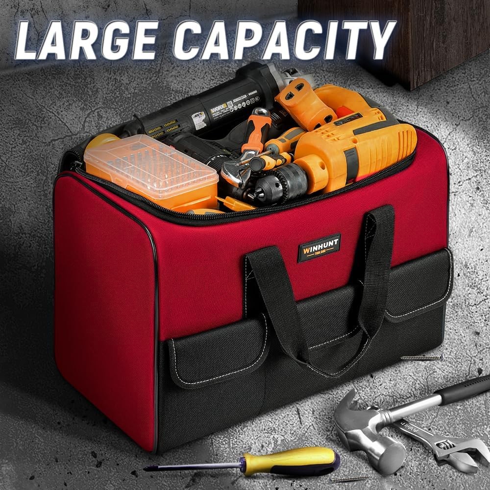 17″ Tool Bag for Men 6-Pocket Waterproof Organizer Red & Black Double Zipper