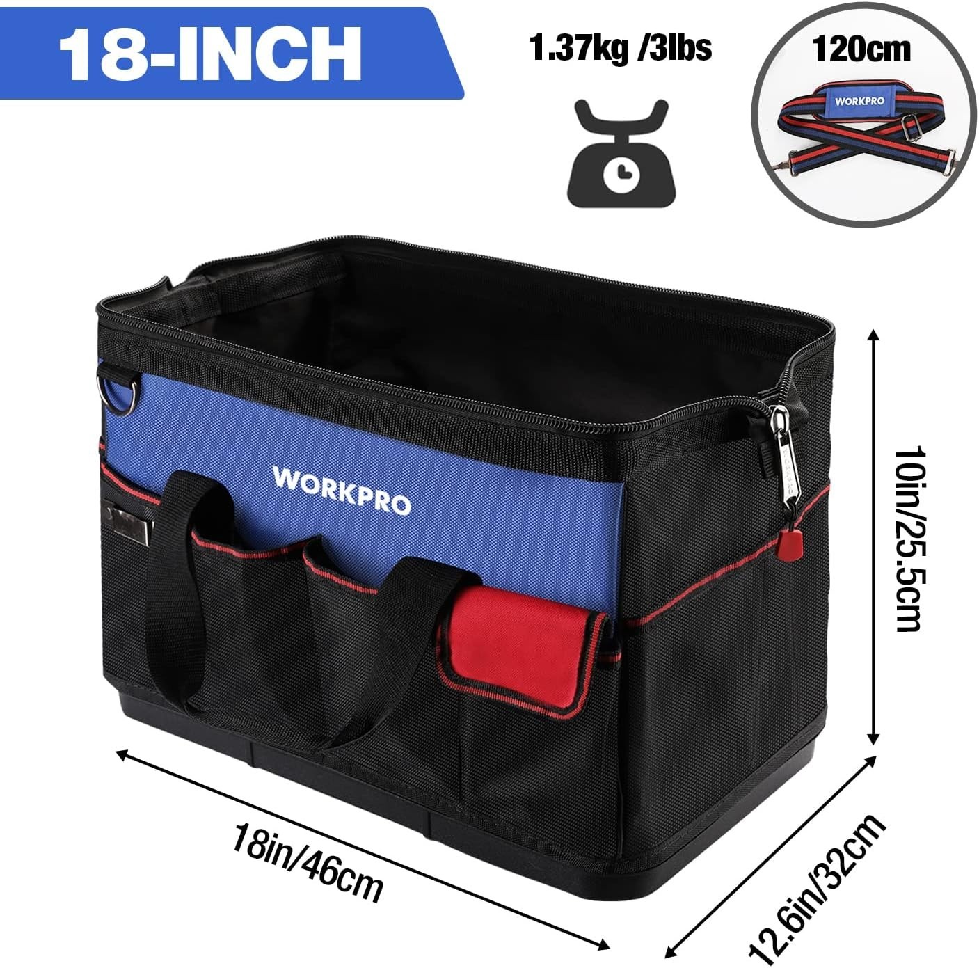 Versatile 18-Inch Waterproof Tool Bag with Shoulder Strap & 20 Compartments