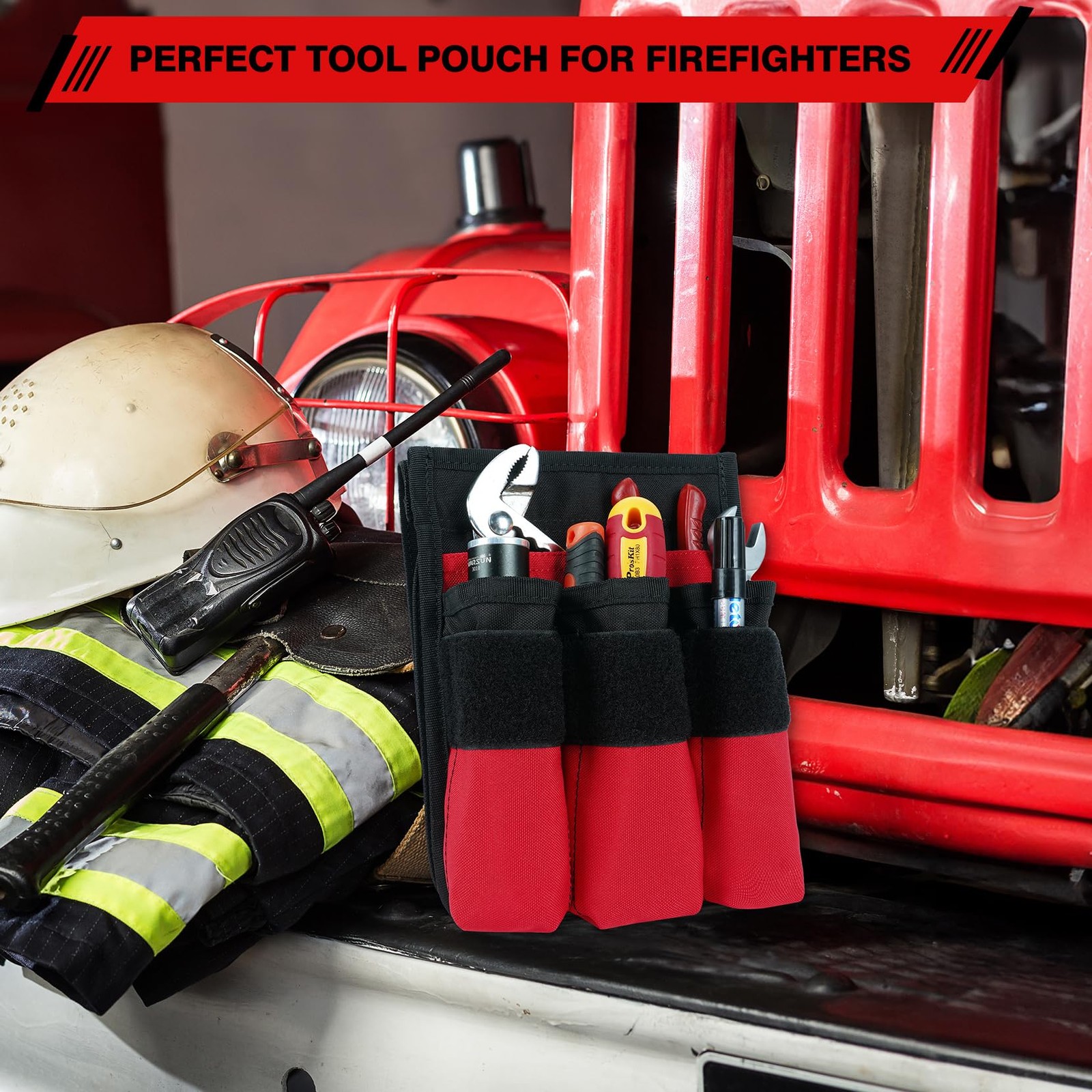 7-Pocket Firefighter Tool Pouch with Carry Handle and Flap, Fits in Bunker Ge…