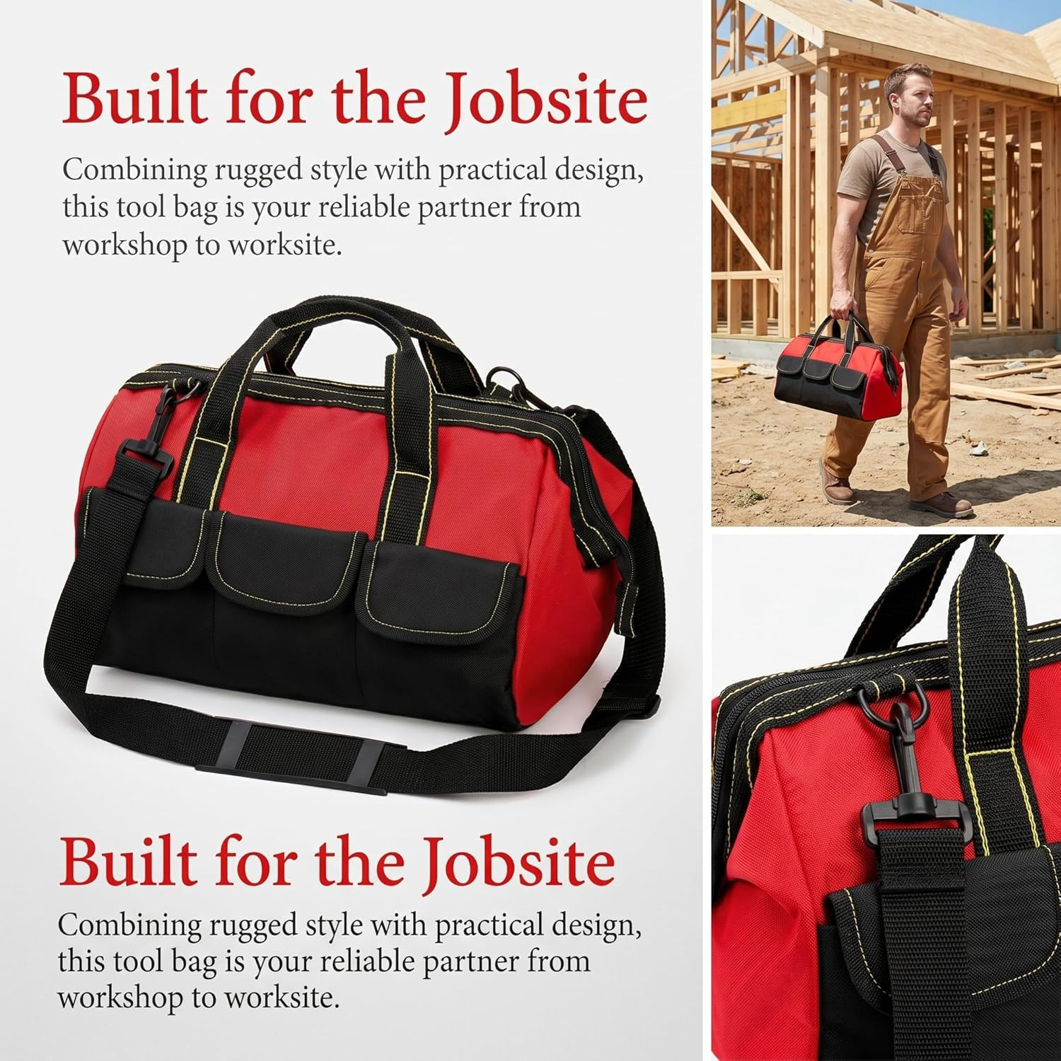 16 Inch Wide Mouth Tool Bag, Collapsible Tool Tote with Waterproof Coating and A