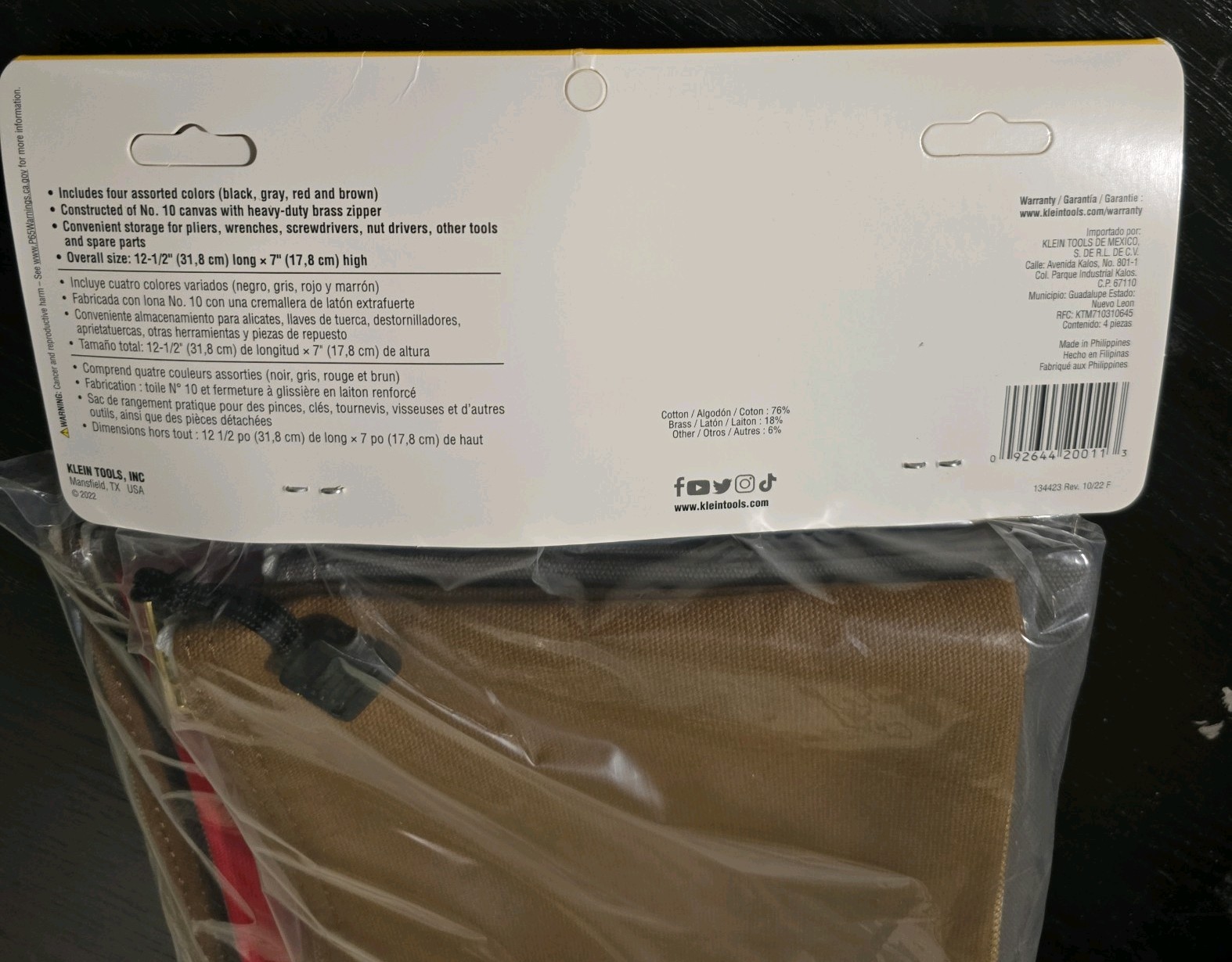 2 Klein Tools 5141 Zipper Bags, Canvas Tool Pouches Brown/Black/Gray/Red, 4-Pack