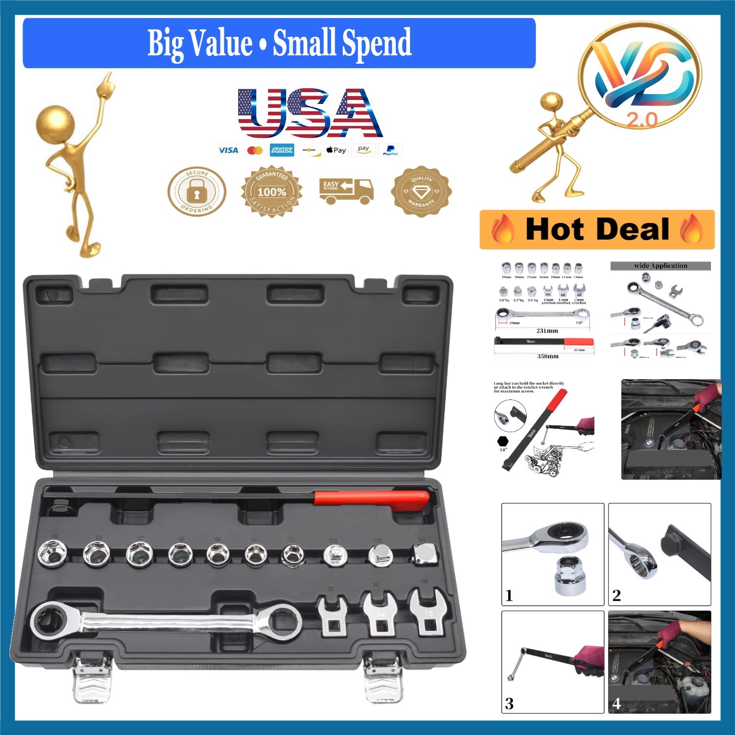 15pcs Serpentine Belt Tool Kit Ratcheting Wrench Sockets Tensioner Car Repair