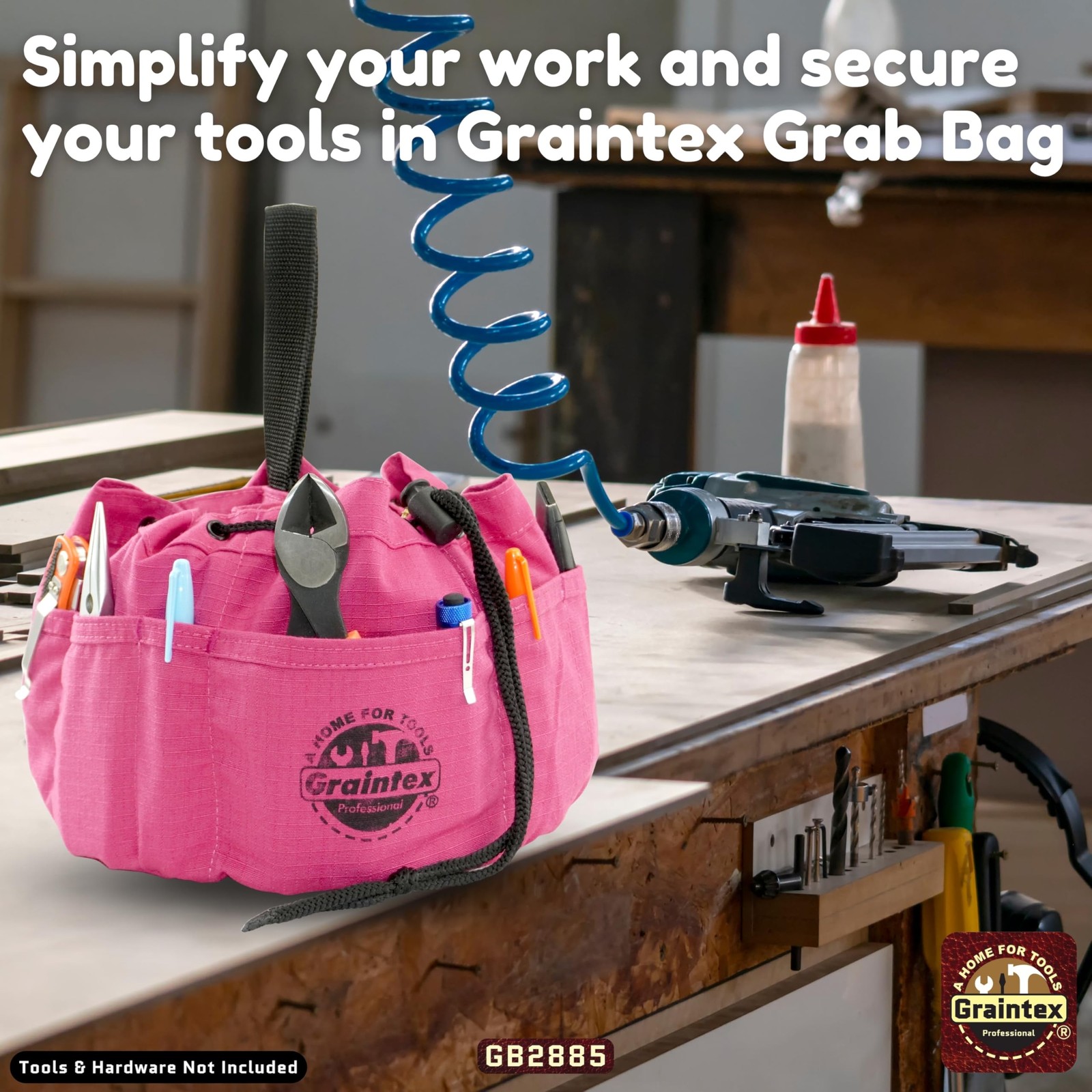 Pink Tool Grab Bag Durable Canvas Organizer with Drawstring Closure and Pockets