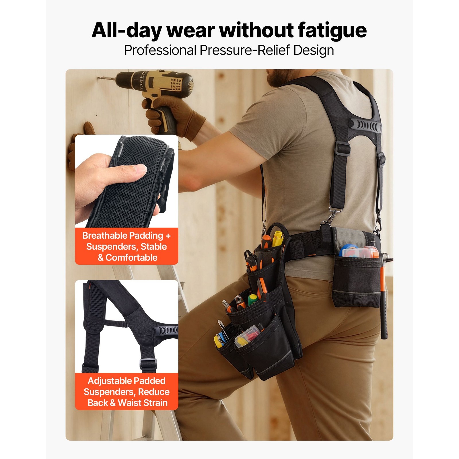 Carpenter Tool Belt with 19 Pockets & Suspenders, 31-51in