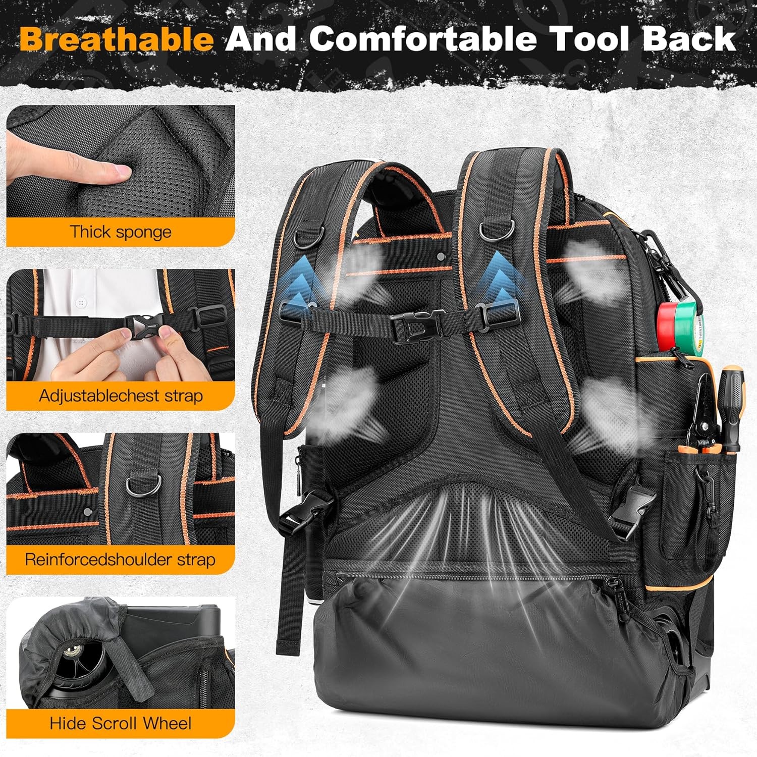 Rolling Tool Backpack Bag with Wheels Heavy Duty Molded Base Lock