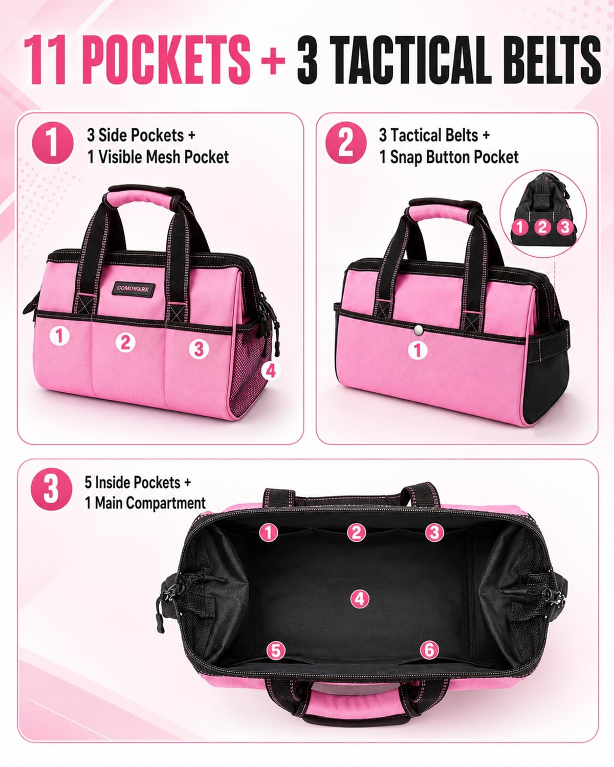 13-Inch Tool Bag for Women, Pink Soft Storage Bag with Inside Pockets