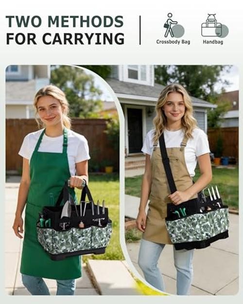 Garden Tool Bag with Hard Bottom, Garden Tote with Shoulder Strap | Green Rose