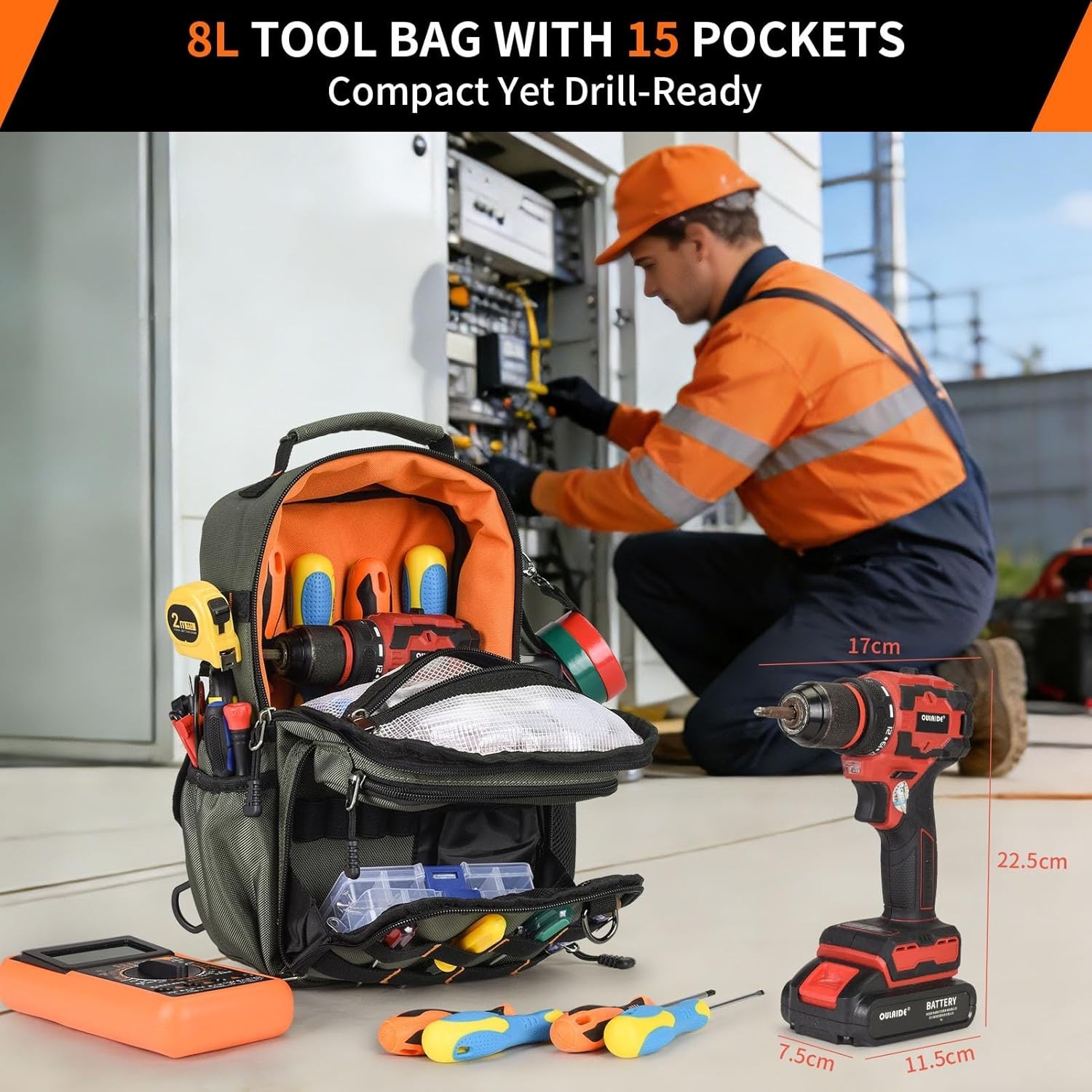 Tactical Electrician & HVAC Tool Chest Bag with 3-Point Harness, 15-Pocket 1680D