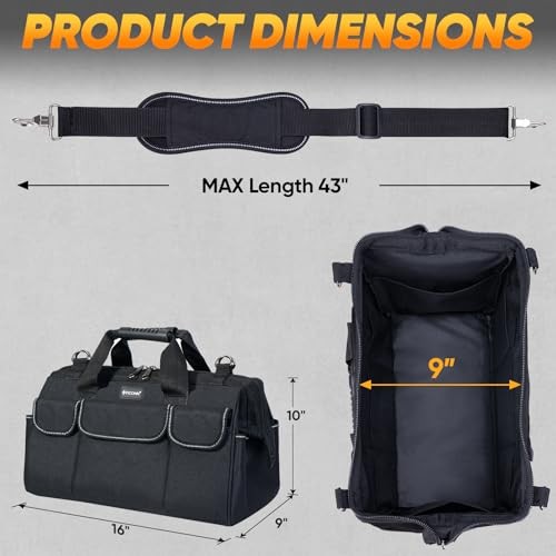 Heavy Duty Tool Bag with Multi-Pockets, Portable Tool 16″ Standard Base Black