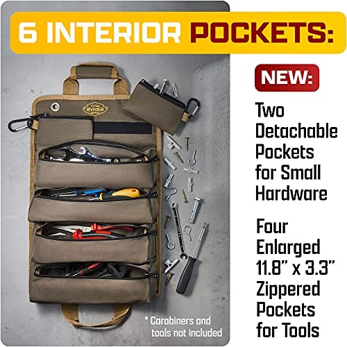 The Ryker Roll Up Tool Bag Organizer Gifts for Dad. Heavy Duty Motorcycle Khaki