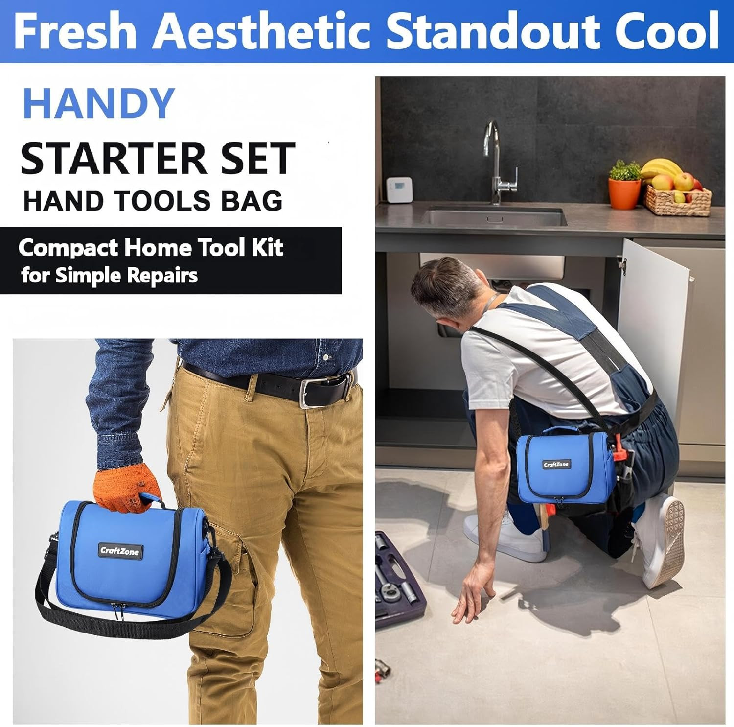 Blue 21-Piece Basic Household Hand Tool Kit with Shoulder Strap Bag for Home