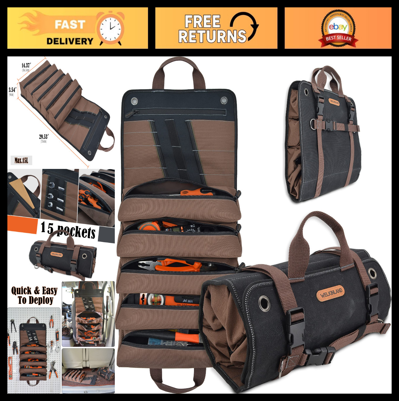 Heavy-Duty Waxed Canvas Tool Roll – 15 Pocket Tool Wrap Organizer for Tools