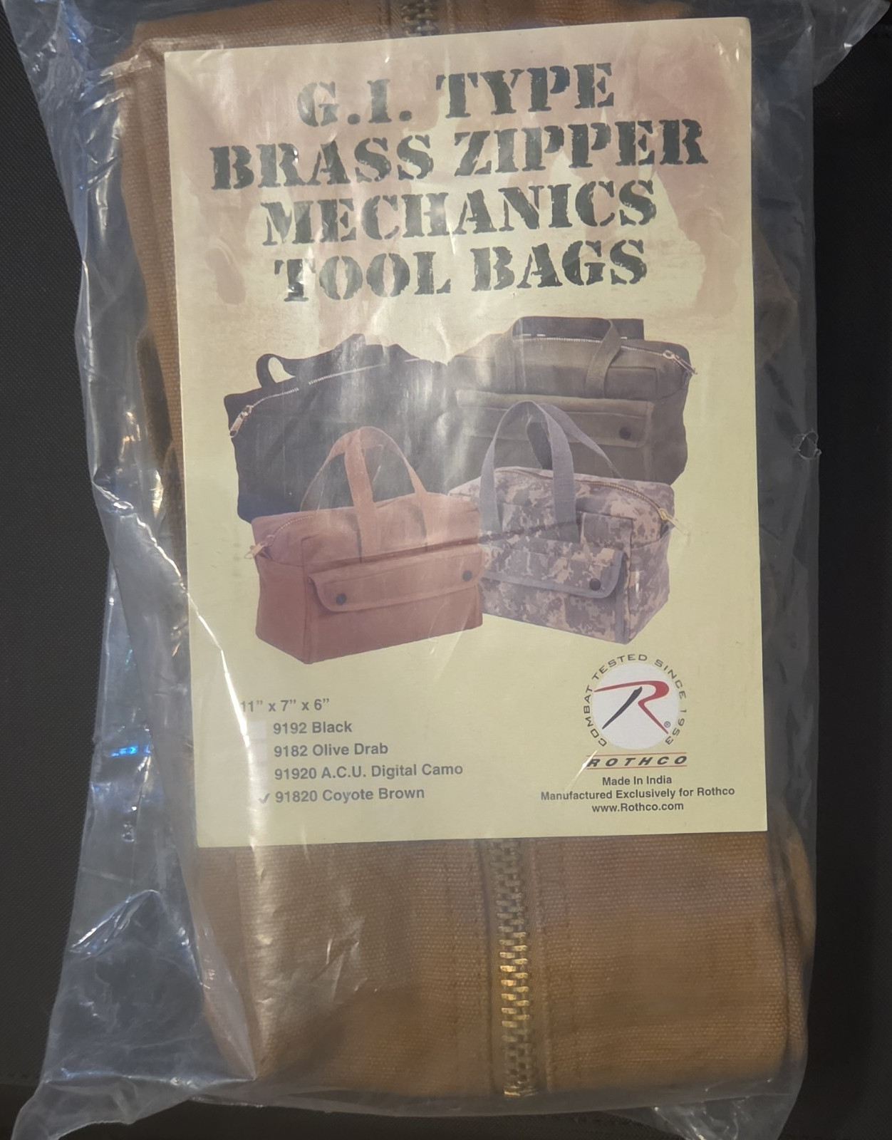 Rothco Canvas Tool Bag Brass Zipper 11x7x6 in Coyote Brown Model 91820