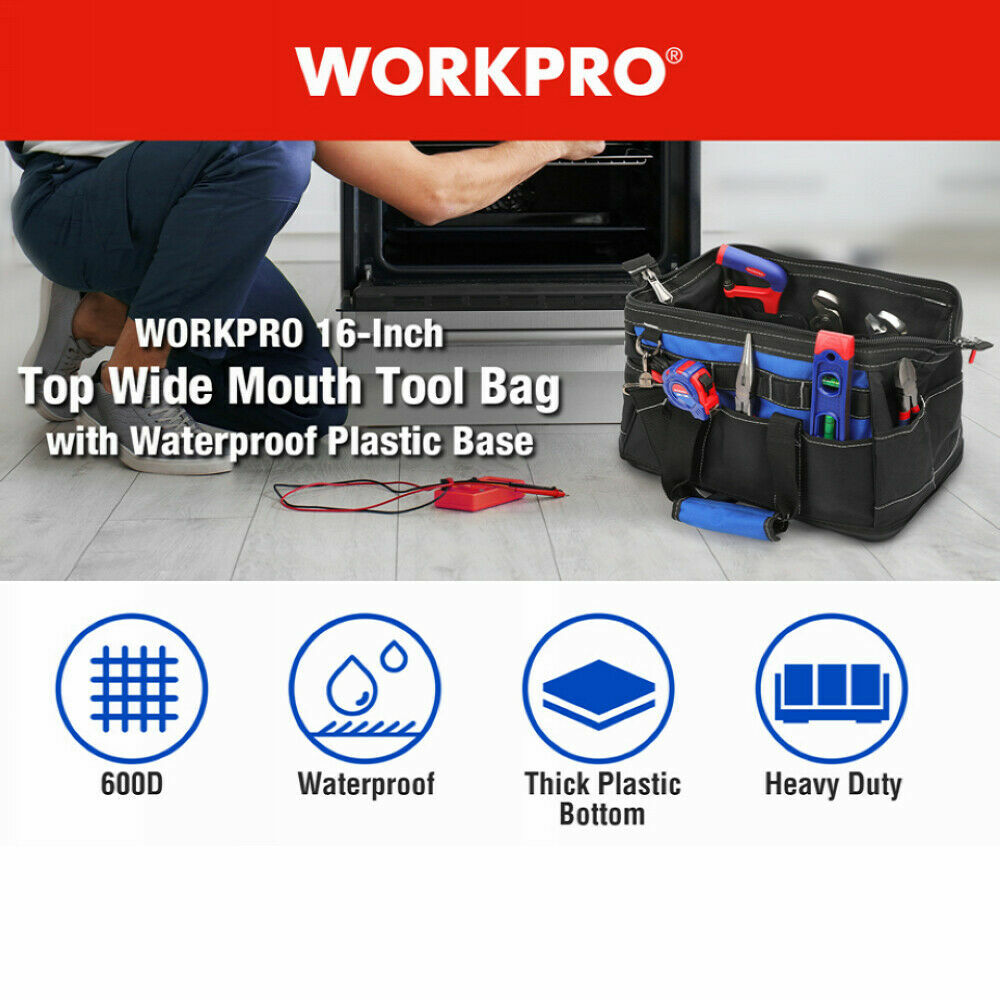 WORKPRO Durable Tool Bag 16 inch Wide Mouth Waterproof Heavy Duty Tool Storage
