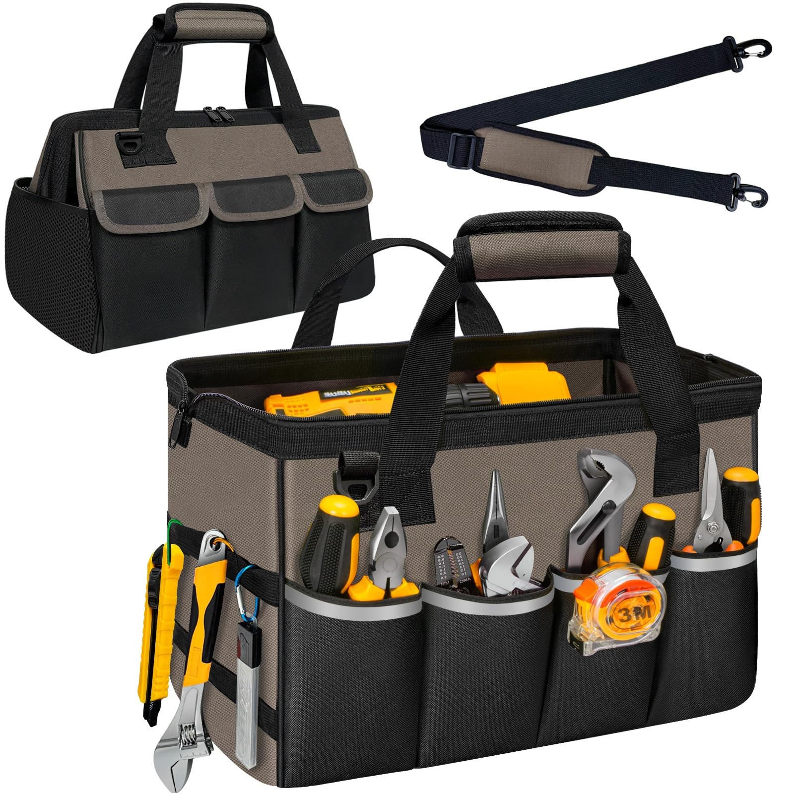Portable Tool Bag Heavy Duty Tool Box Organizer with Shoulder Strap, Coffee