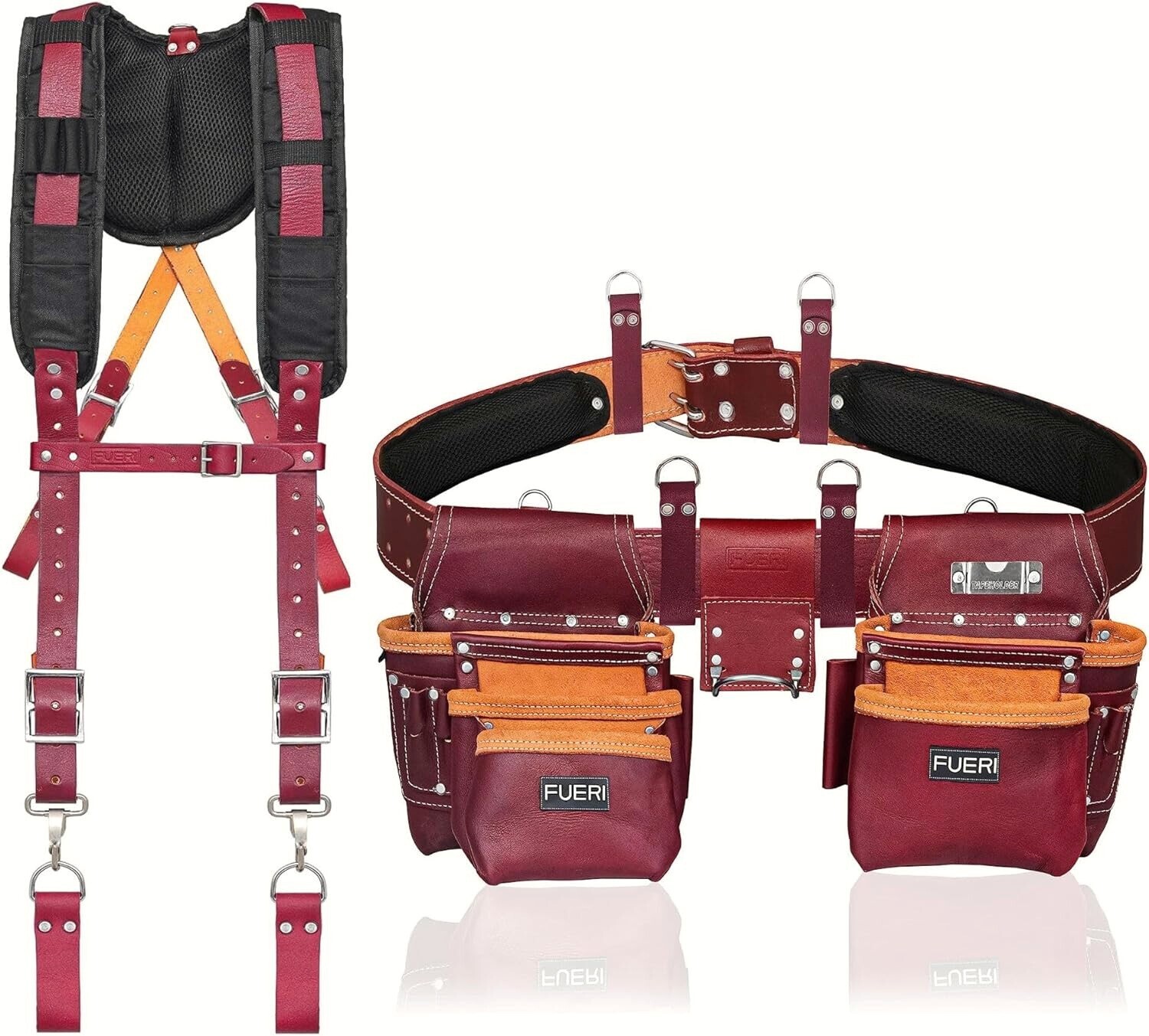 Leather Tool Belt with Suspender Padded Adjustable carpenter 17 Pocket pouch bag