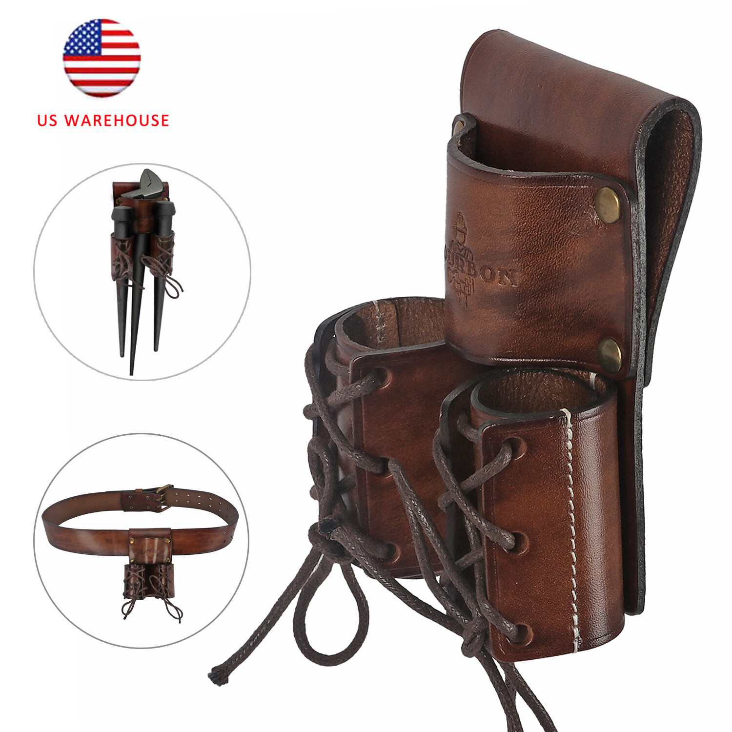TOURBON Leather Double Bullpin Holder for Belt Spud Wrench Carry Tools Pouch USA