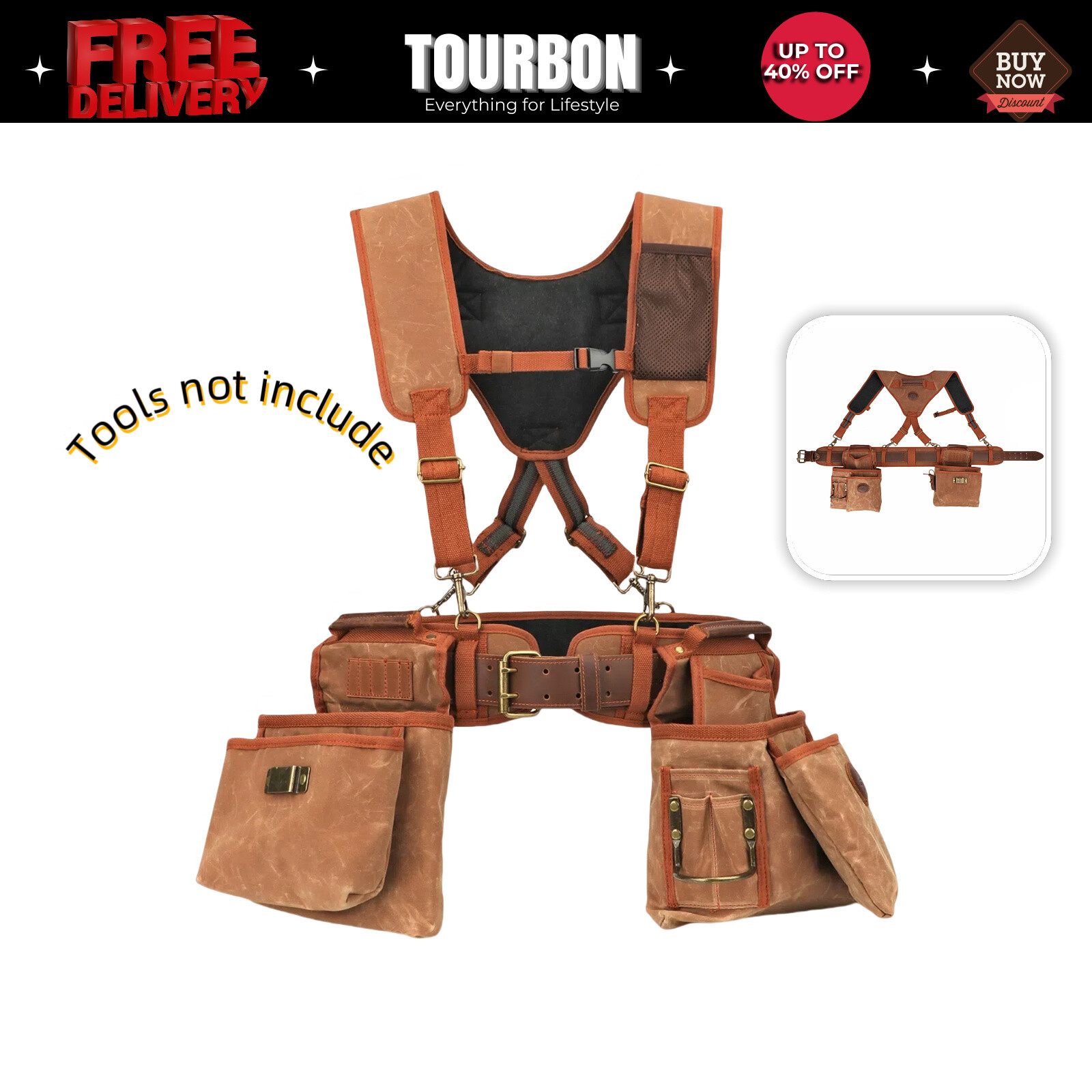 TOURBON Electrician/Carpenter/Framer Tool Contractor Vest Suspender Rig Beltbag
