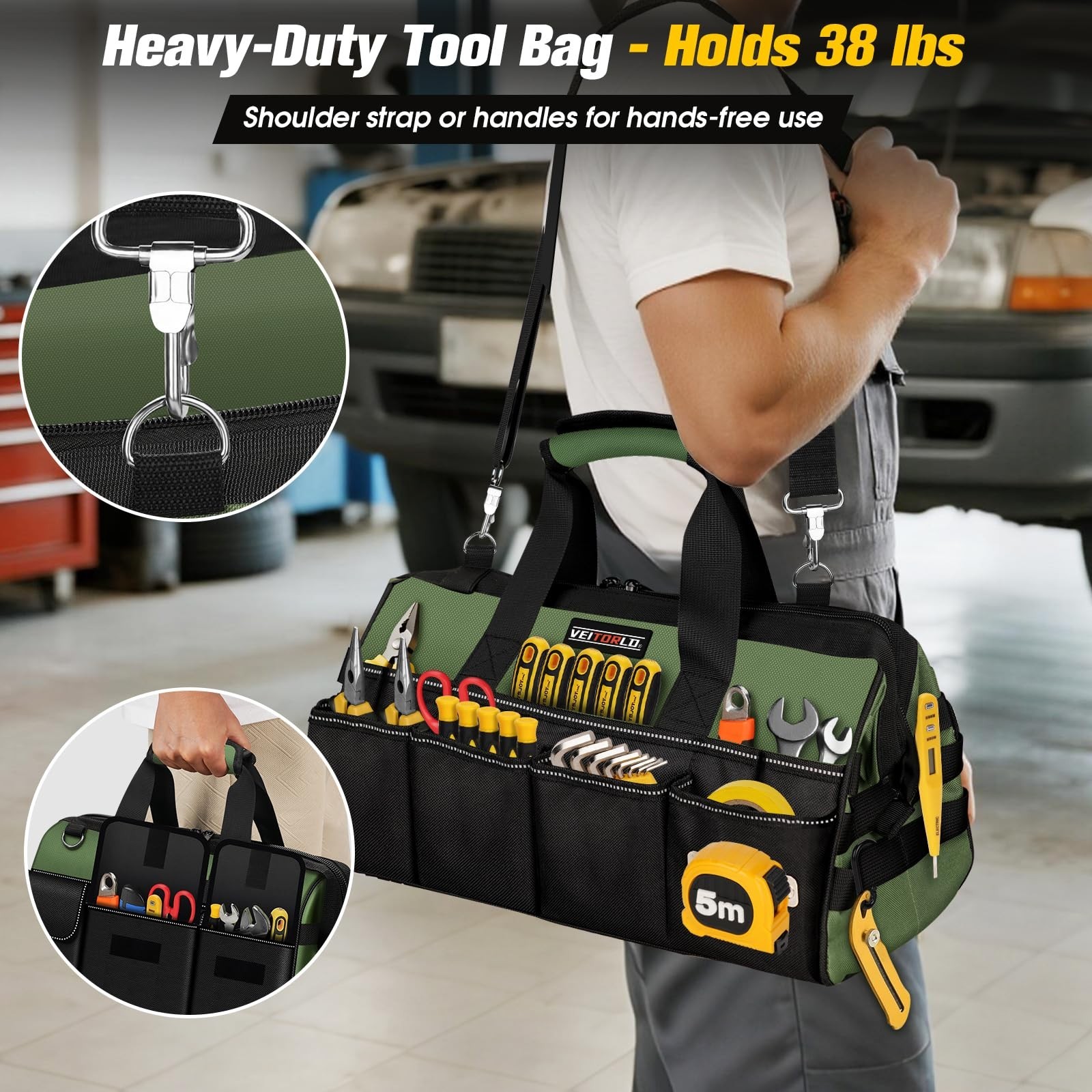 16″ Heavy Duty Tool Bag – 19 Pocket Organizer, Portable Toolbox with Soft Handle
