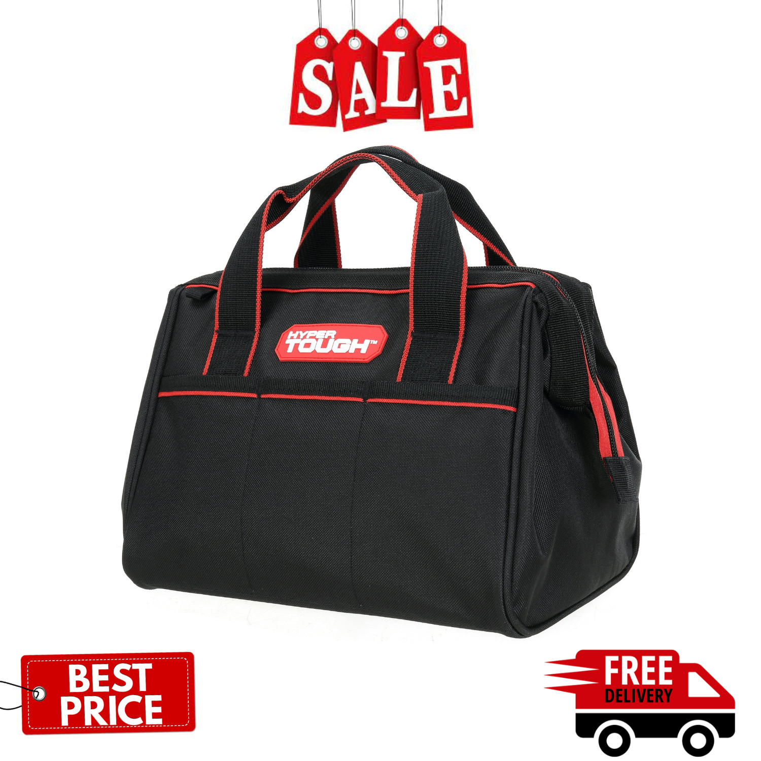 12 Inch Hyper Tough Polyester Tool Bag, with Full-Length Zipper and Double Strap