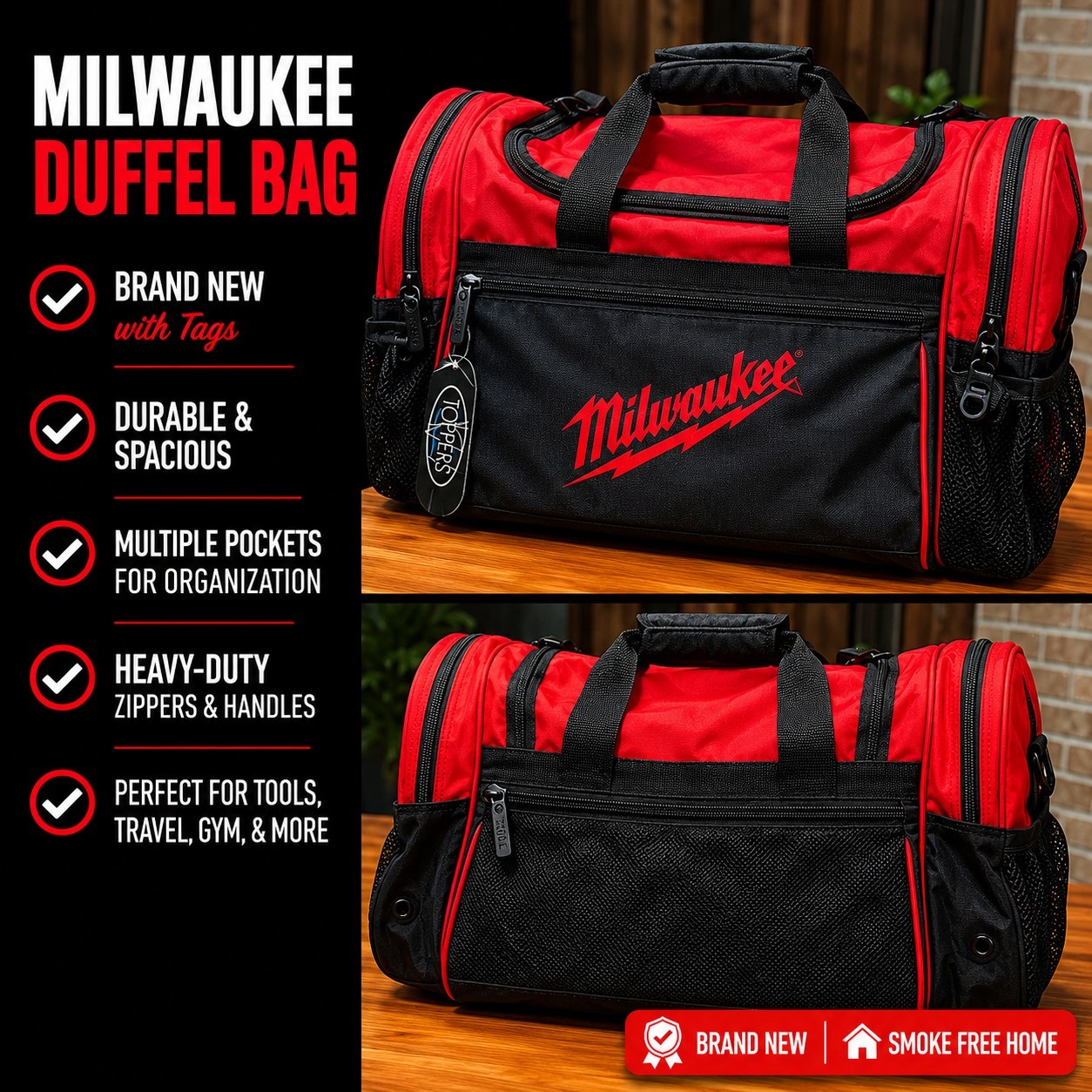 Milwaukee Tool Bag Duffel With Handle, Multiple Pockets, Red/Black