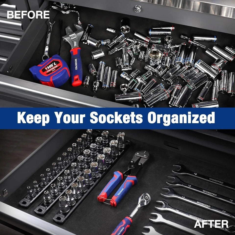 WORKPRO Magnetic Socket Organizer, 3/8-Inch Drive 3/8" DR, Black