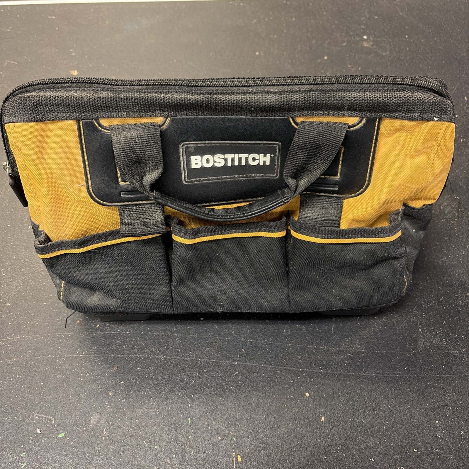 Bostitch Tool Bag Black Yellow Hard Bottom Multi Pocket Zippered 14 Inch Carry