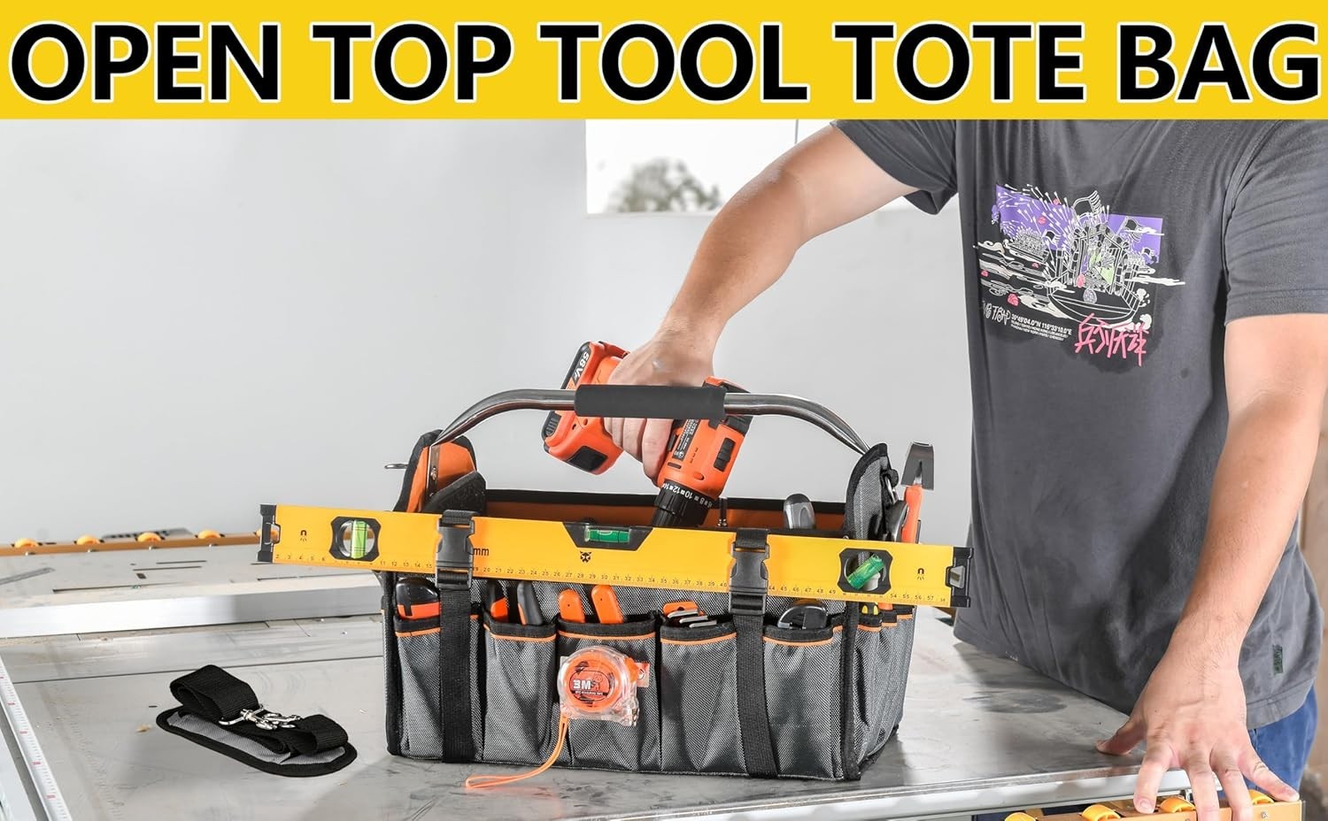 16 Inch Open Top Tool Bag, Foldable 29 Pockets Tool Tote Bag with Handle & Padde