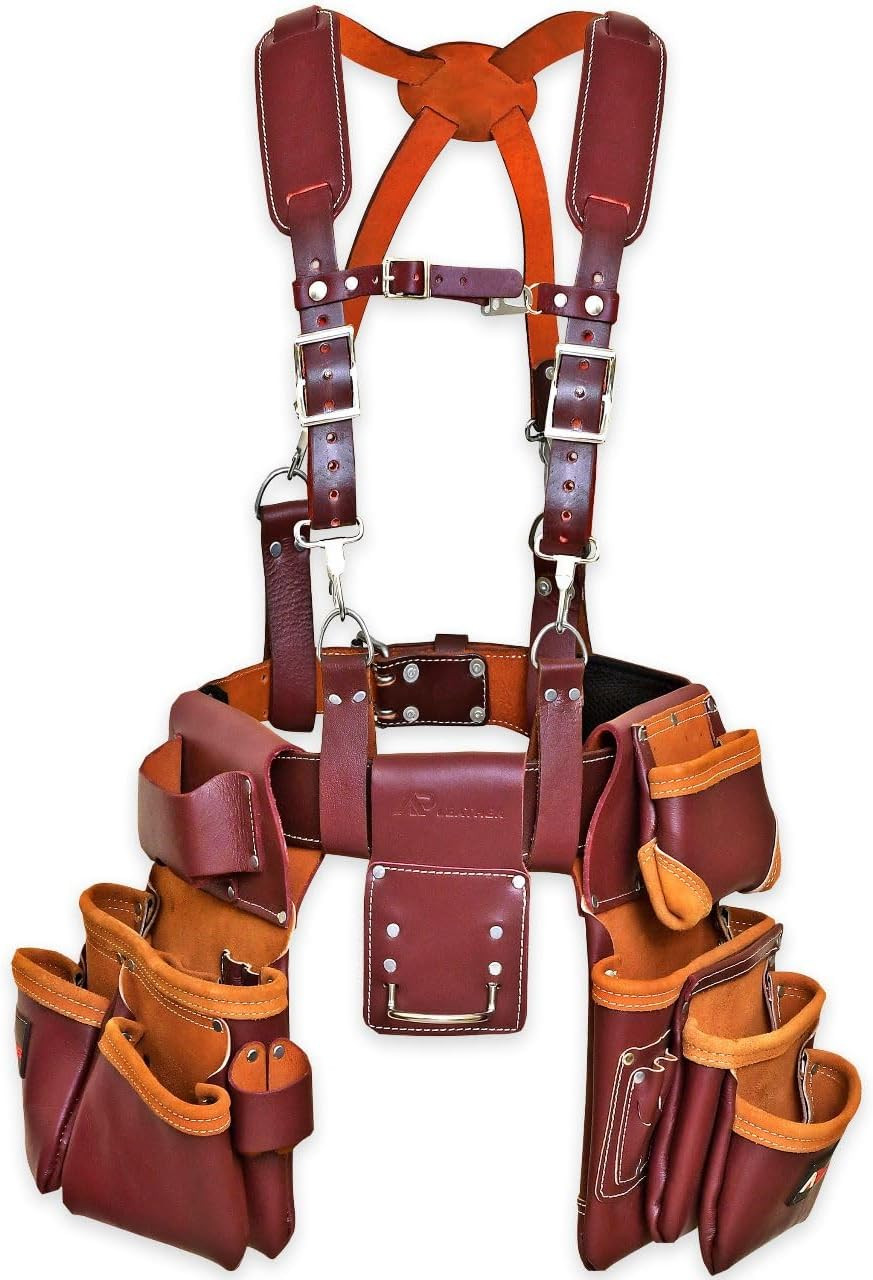 Genuine Leather PRO-19 Tool Belt with Suspenders – Comfort & Durability (Maroon)