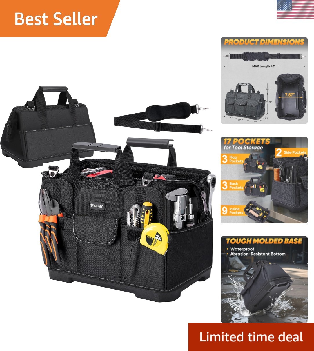 16″ Portable Tool Organizer Bag with Adjustable Strap & Ergonomic Handle – Black
