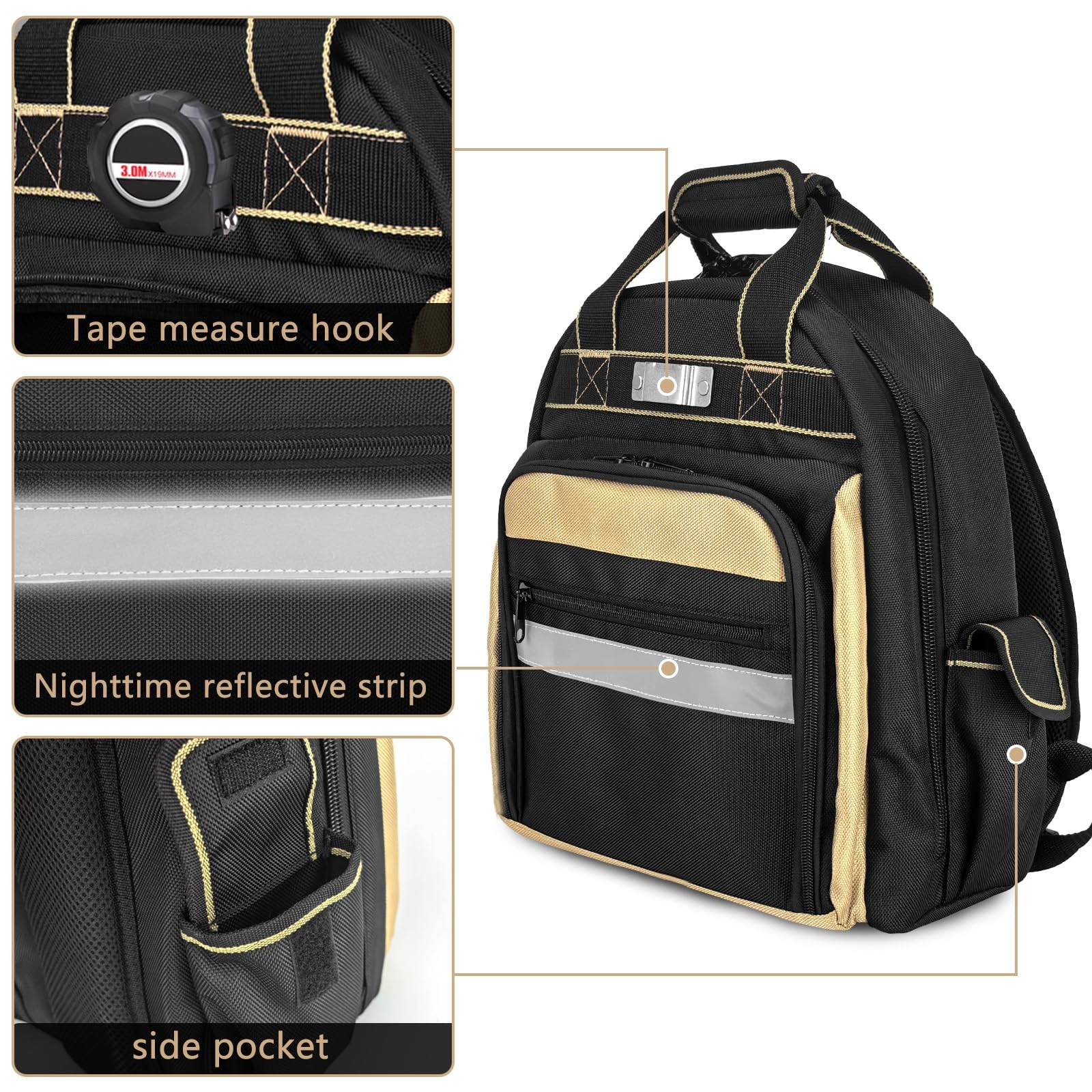 Tool Backpack Multi Pocket Tool Bag with Anti Slip Feet and Reflective Strips…