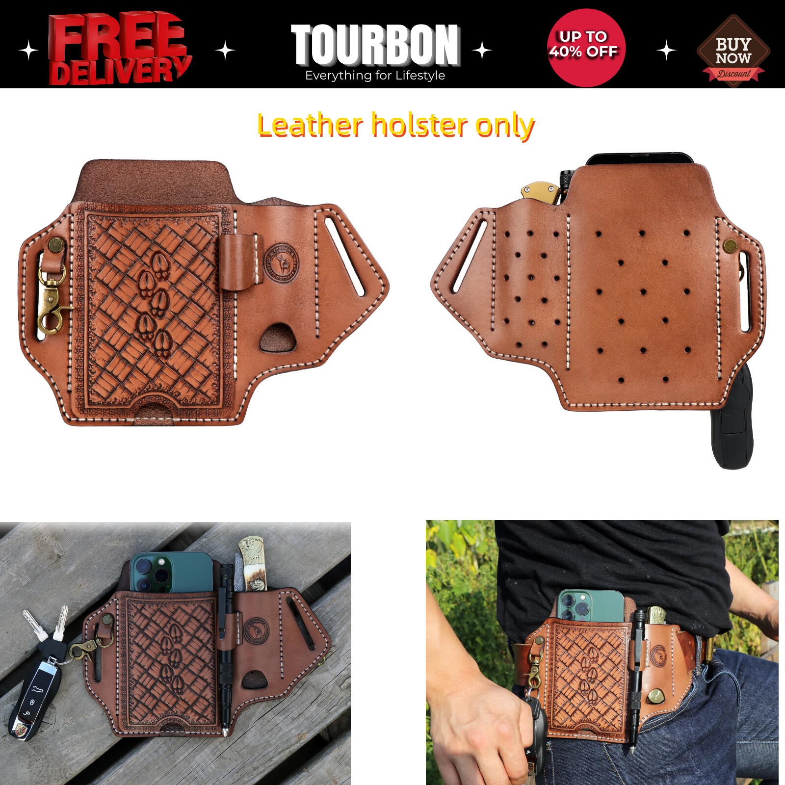TOURBON Leather Cell Phone Case Pouch Holster Belt Knife Sheath Pen Holder Case