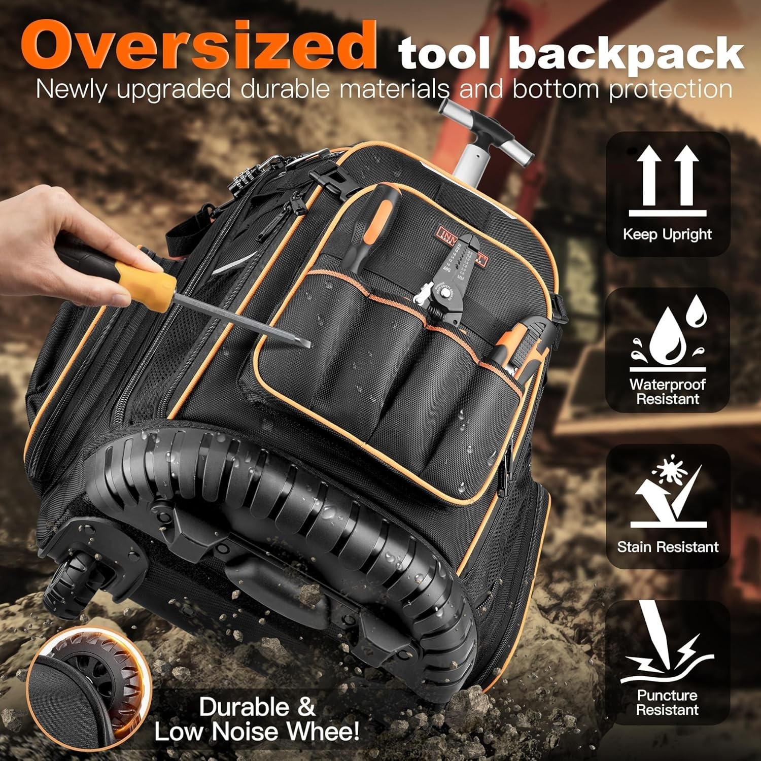 Tool Backpack with Smooth Swivel Wheels and Adjustable Trolley Handle