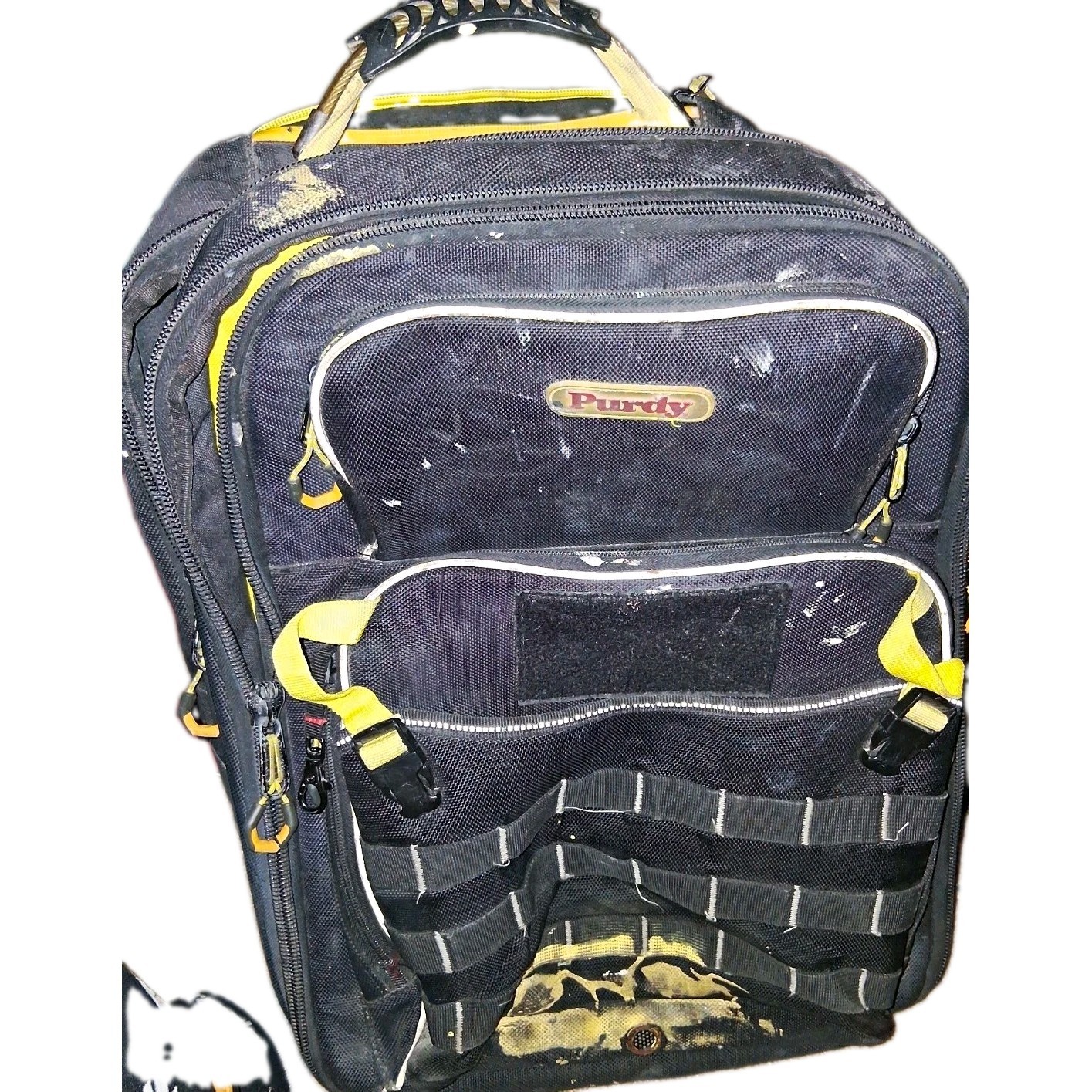 Purdy Large Tool Backpack Bag Black/Yellow Multiple Pockets Padded Handle