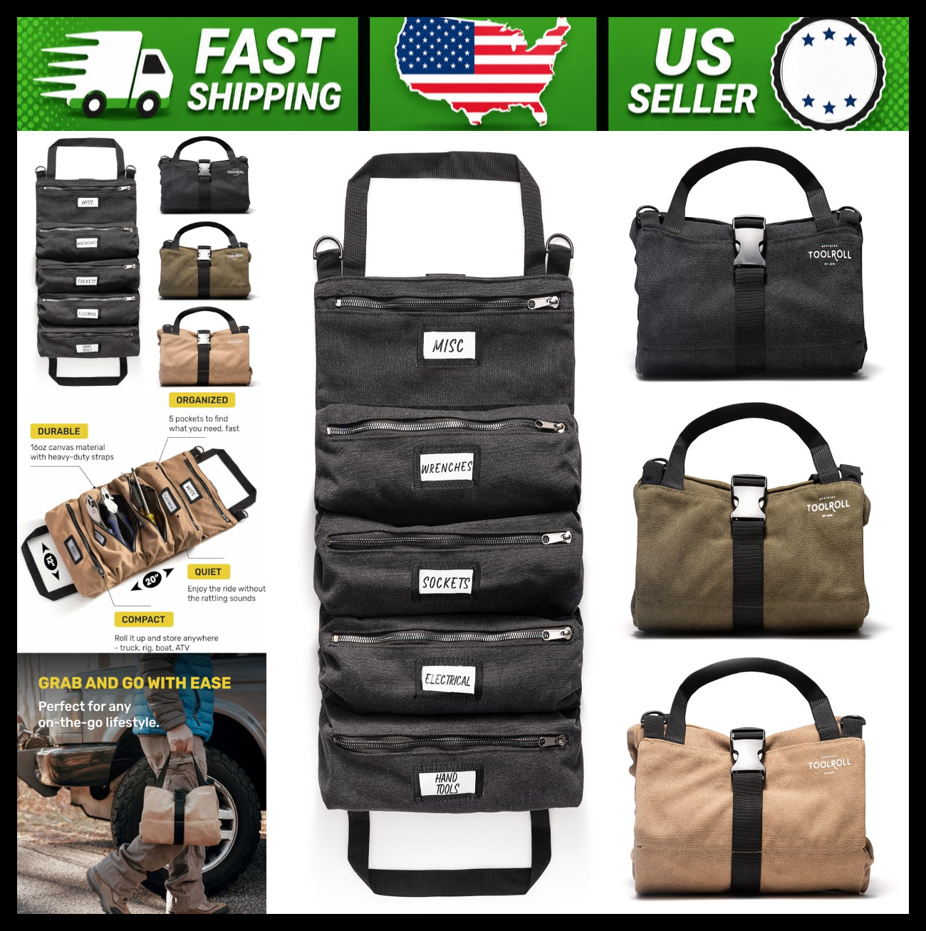 Legacy 5-Pocket Canvas Tool Roll Bag 20 x 12 in Black Made in USA