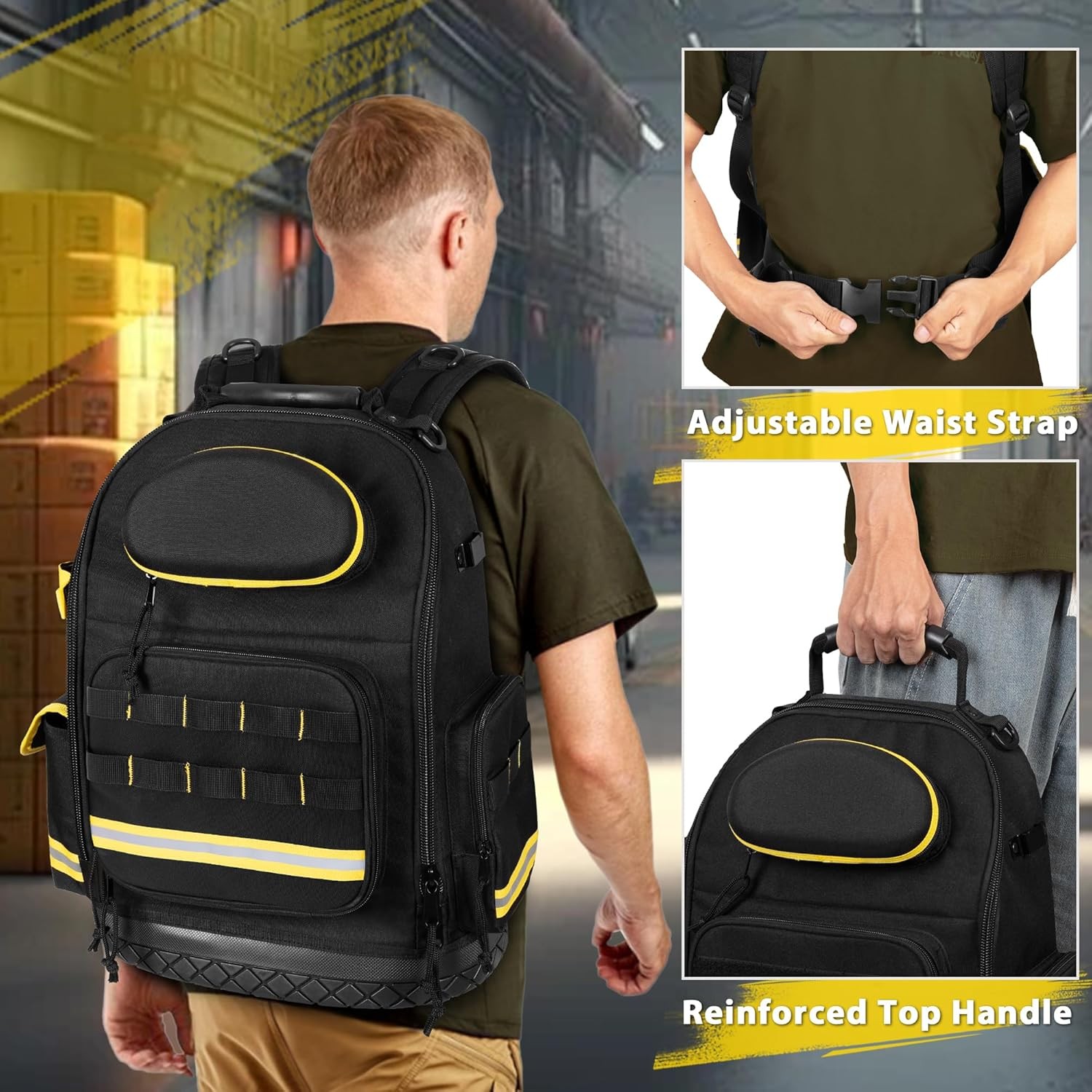 Tool Backpack with Hard Bottom and 3 Pouches, Heavy Duty Tool Organizer
