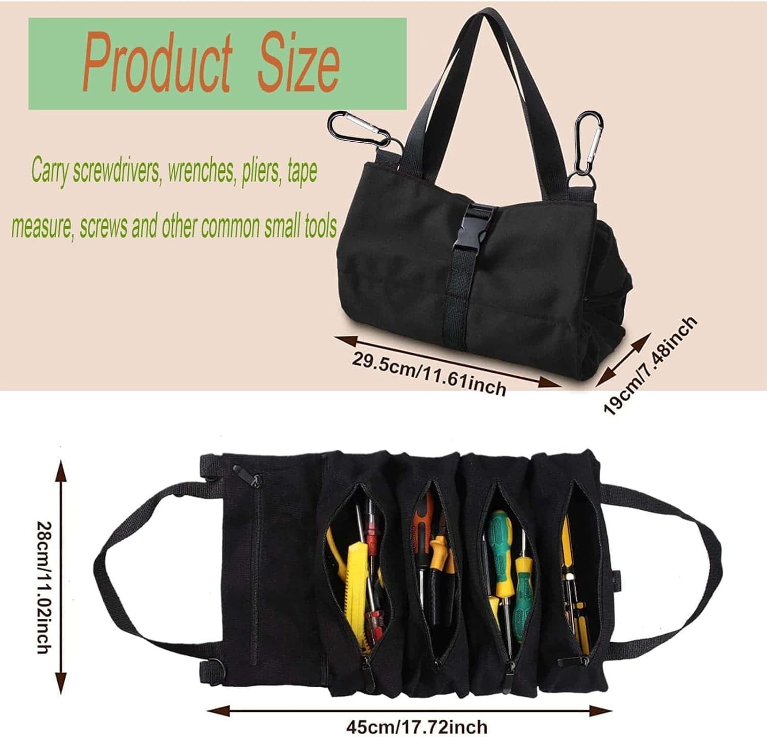 Multi-Purpose Tool Roll Up Bag Wrench Pouch Canvas Hanging Organizer w/ 5 Pocket