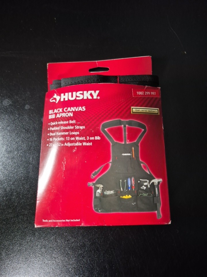 Husky 16 Pocket Black Canvas Bib Apron Padded Shoulder Straps Dual Hammer Loops